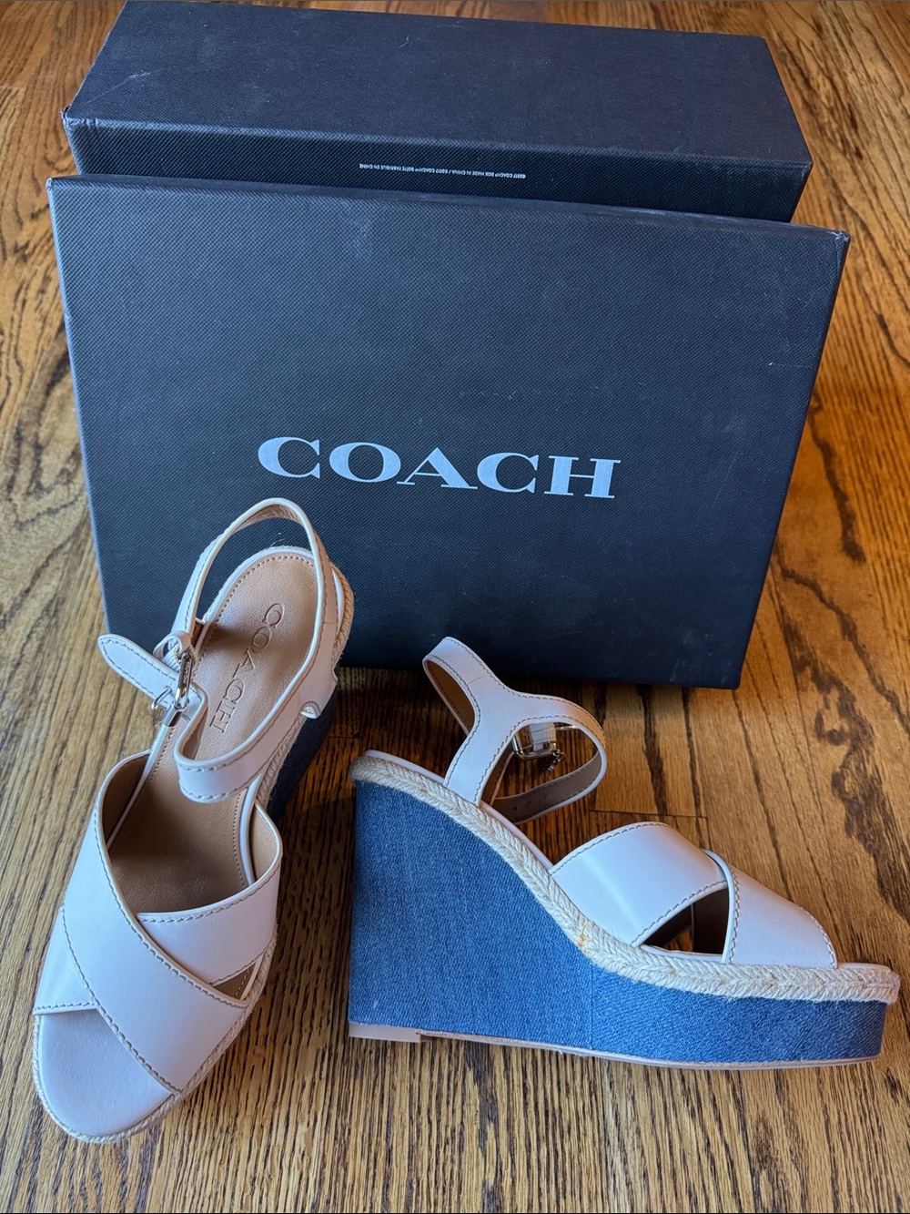New Coach Eaton Chalk Platform Wedge Sandals Ivory & Denim size 6